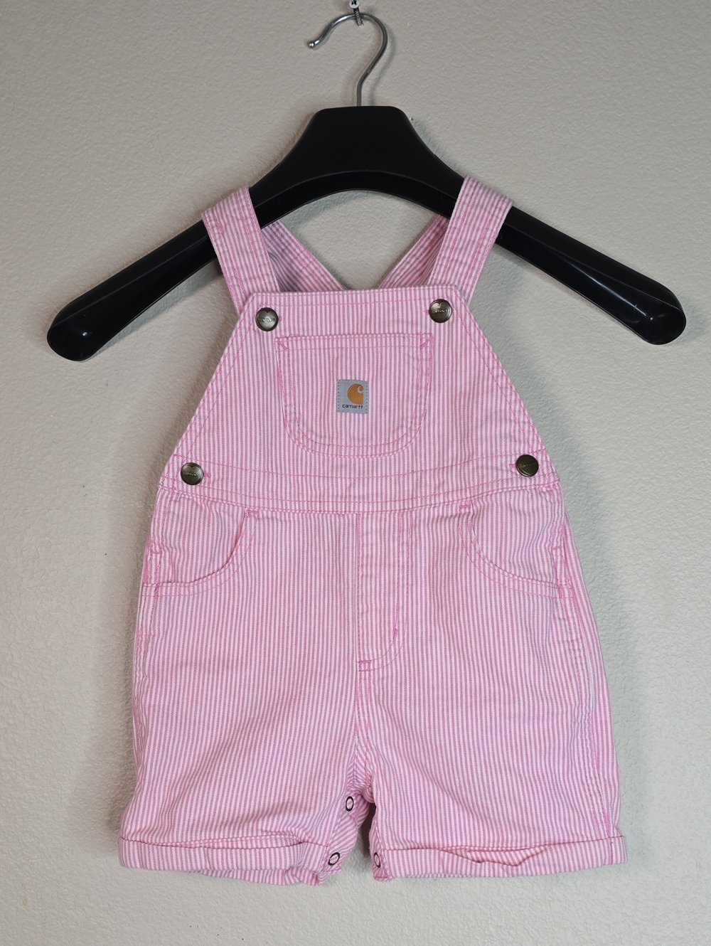 Carhartt Pink Pinstripe Kids Short Overalls Size 24 Months